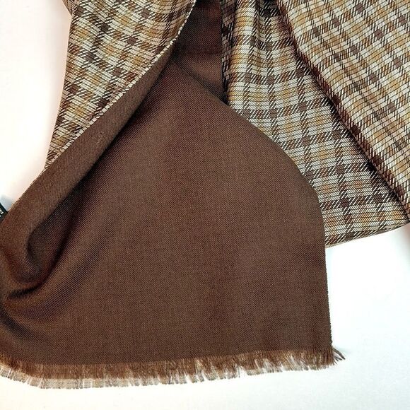 V. Fraas Men's Doubled Scarf Tan Beige Plaid Silk Brown Wool Lining Italy made - Picture 5 of 9